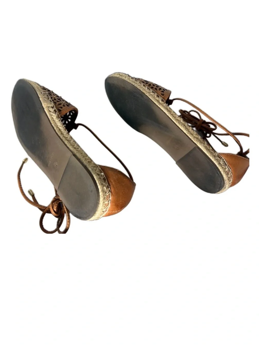 Laser-Cut Tan Espadrille Flats with Ankle Tie